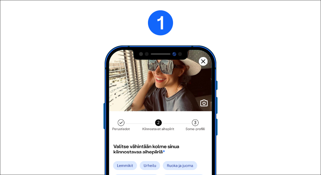 Numero 1. Mobiili jossa on näkyvillä profiilin täyttäminen. Ruudulla lukee "Valitse vähintään kolme sinua kiinnostavaa aihepiiriä".