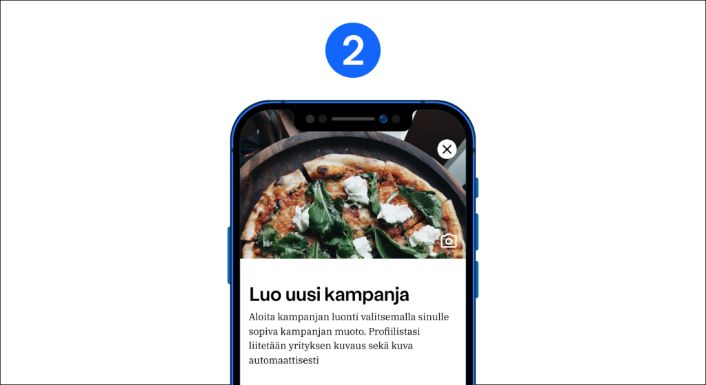 Numero 2. Mobiili jossa on näkyvillä "Luo uusi kampanja".