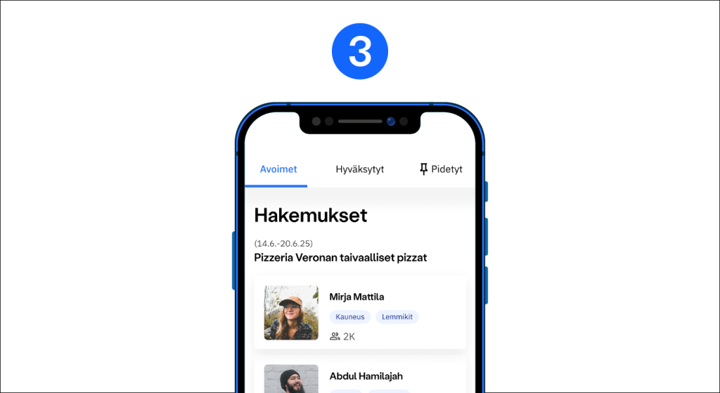 Numero 3. Mobiili jossa on näkyvillä hakemukset kampanjalle. Näkymässä näkyy kaksi henkilöä.